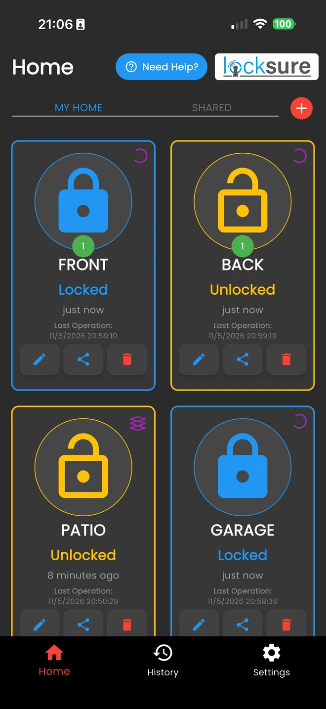 Locksure app home screen: FRONT and GARAGE locked, BACK and PATIO unlocked