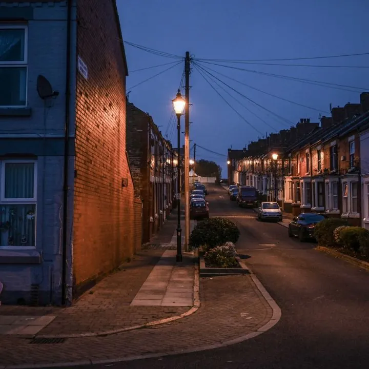 Residential street at dusk with houses and streetlights on