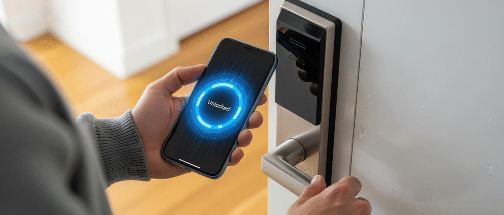 Person using smartphone app to unlock smart door lock showing 'Unlocked' status on screen