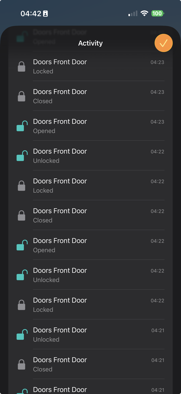 Apple Home activity history showing Locksure events