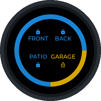 Locksure Matter Hub touchscreen showing 4-door quadrant view with FRONT locked, BACK unlocked, PATIO open and GARAGE locked