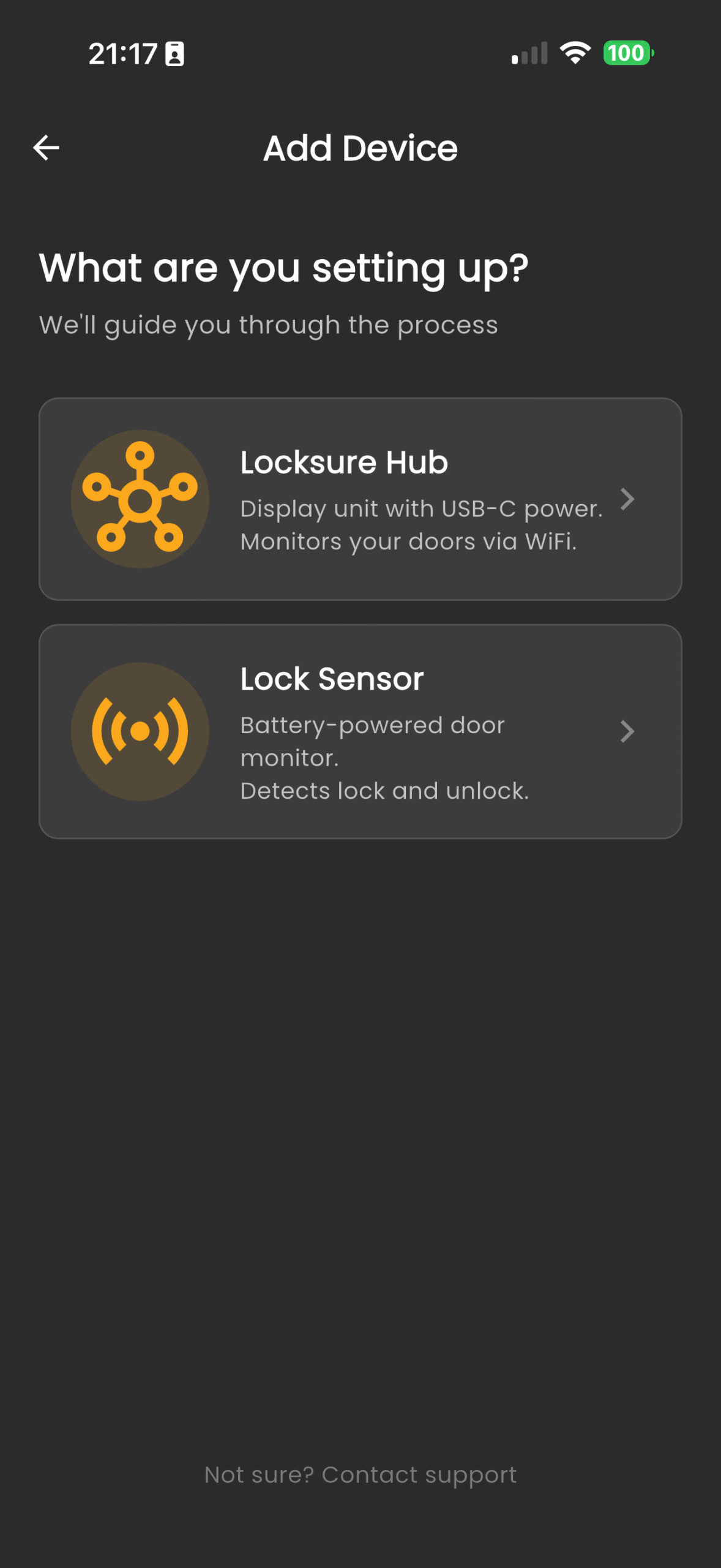 Locksure app Add Device chooser — Locksure Hub or Matter Lock Sensor