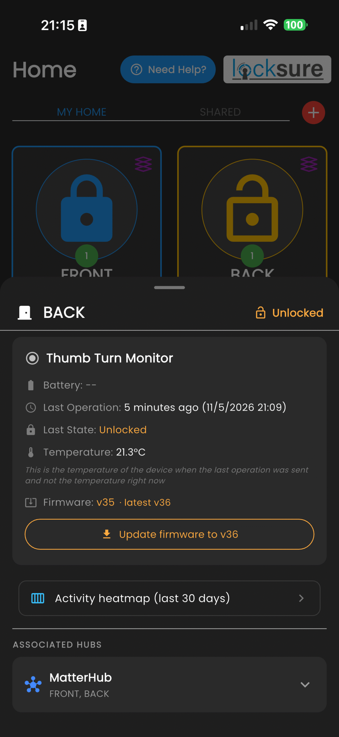Locksure app door detail panel — battery, last operation, temperature, firmware version, activity heatmap shortcut