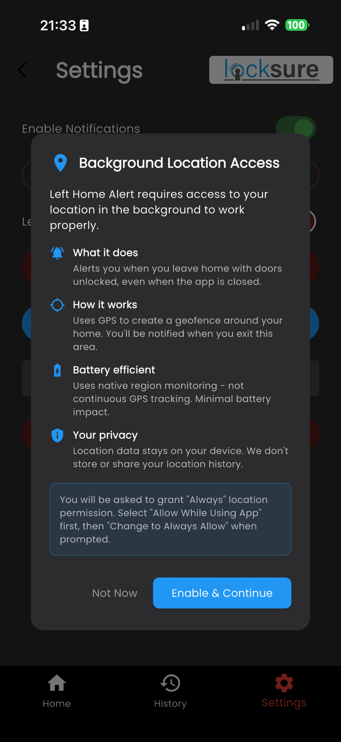 Locksure app geofence privacy disclosure — background location used only for left-home alerts, no tracking