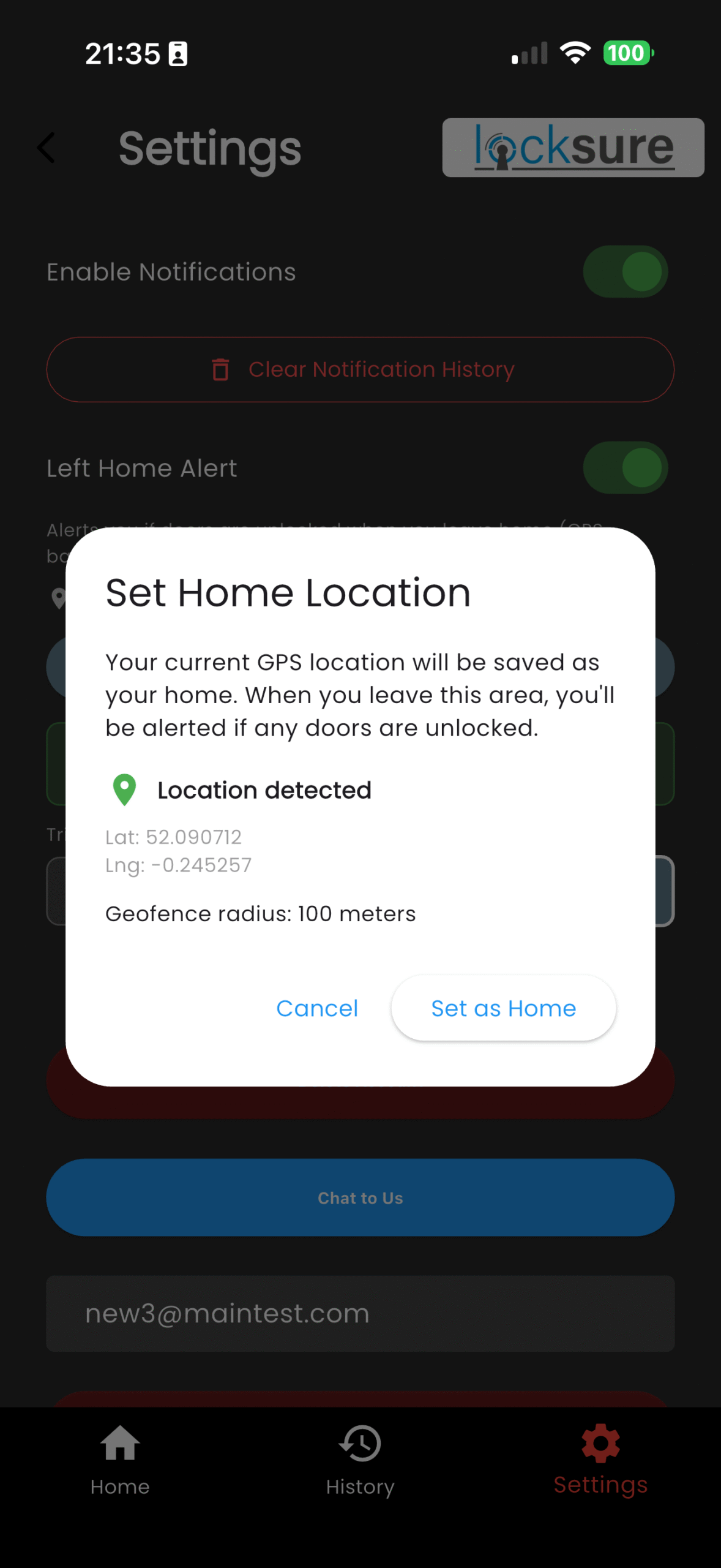 Locksure app geofence — Set Home Location dialog with GPS coordinates and 100m default radius