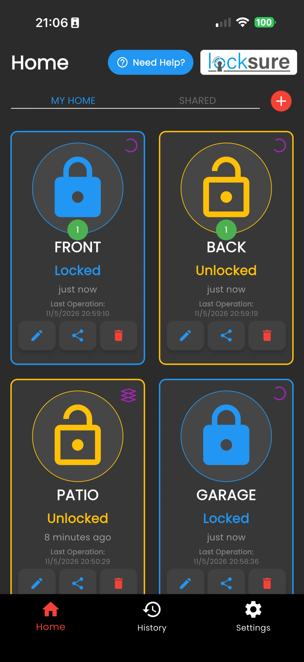 Locksure app home screen showing four doors with lock state and last operation time