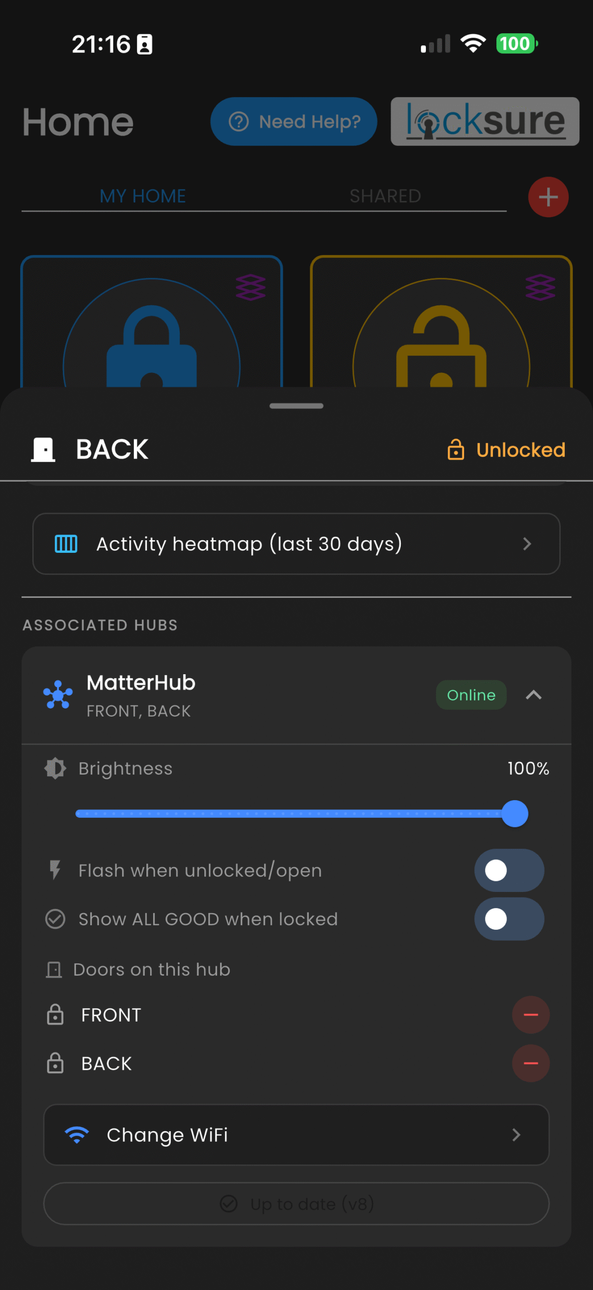 Locksure Hub controls inside the app — brightness slider, flash-on-unlock, ALL GOOD toggle, doors list