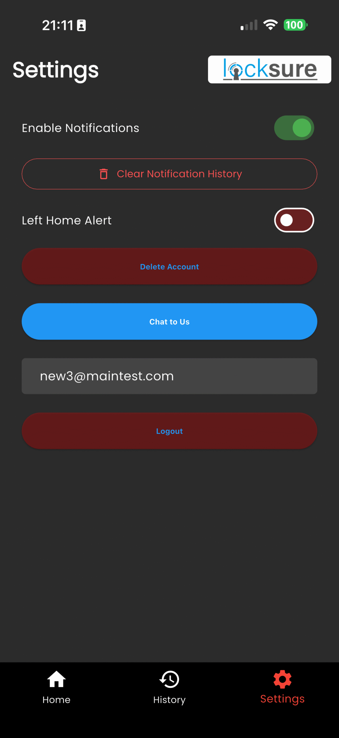 Locksure app settings screen — notifications, history, geofence, account