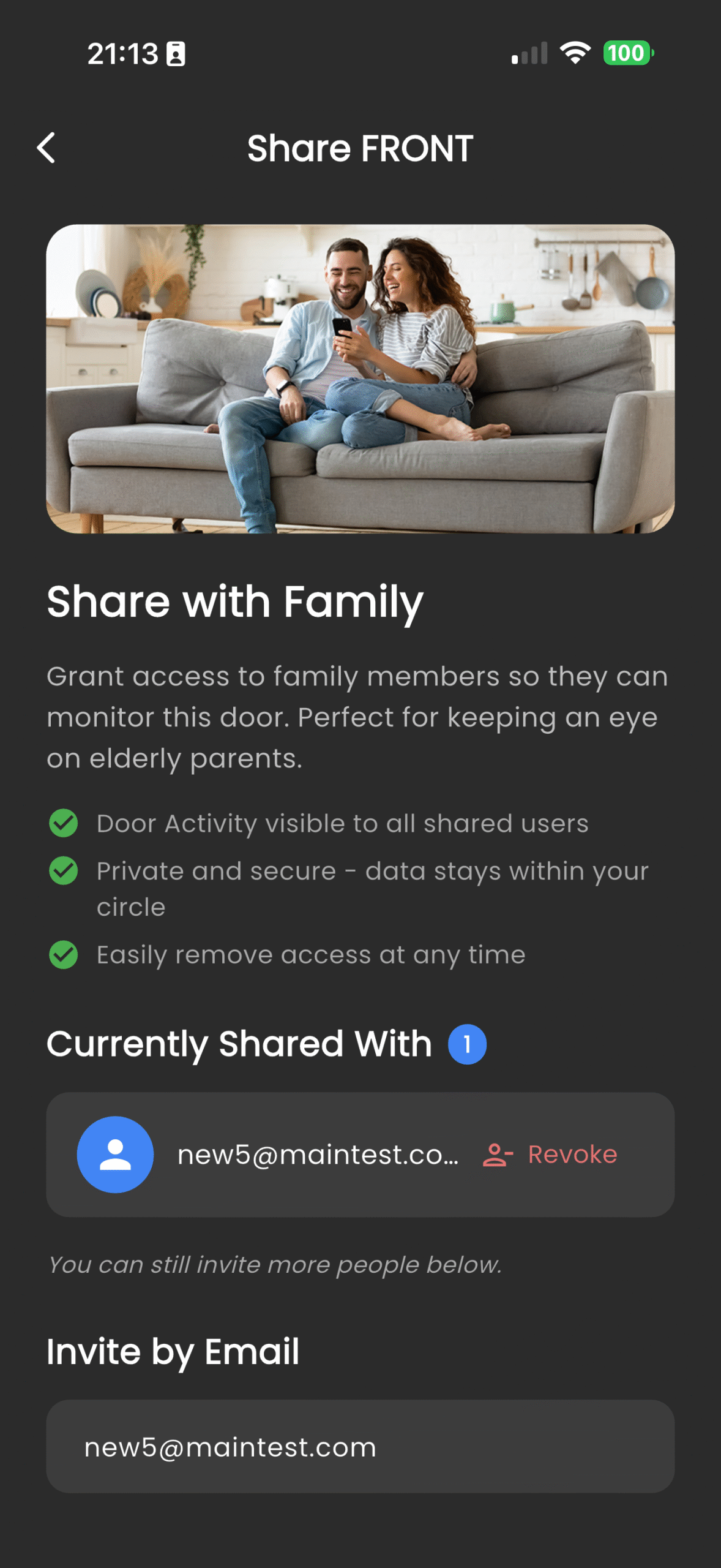 Locksure share door screen — Currently Shared With list and email-invite field