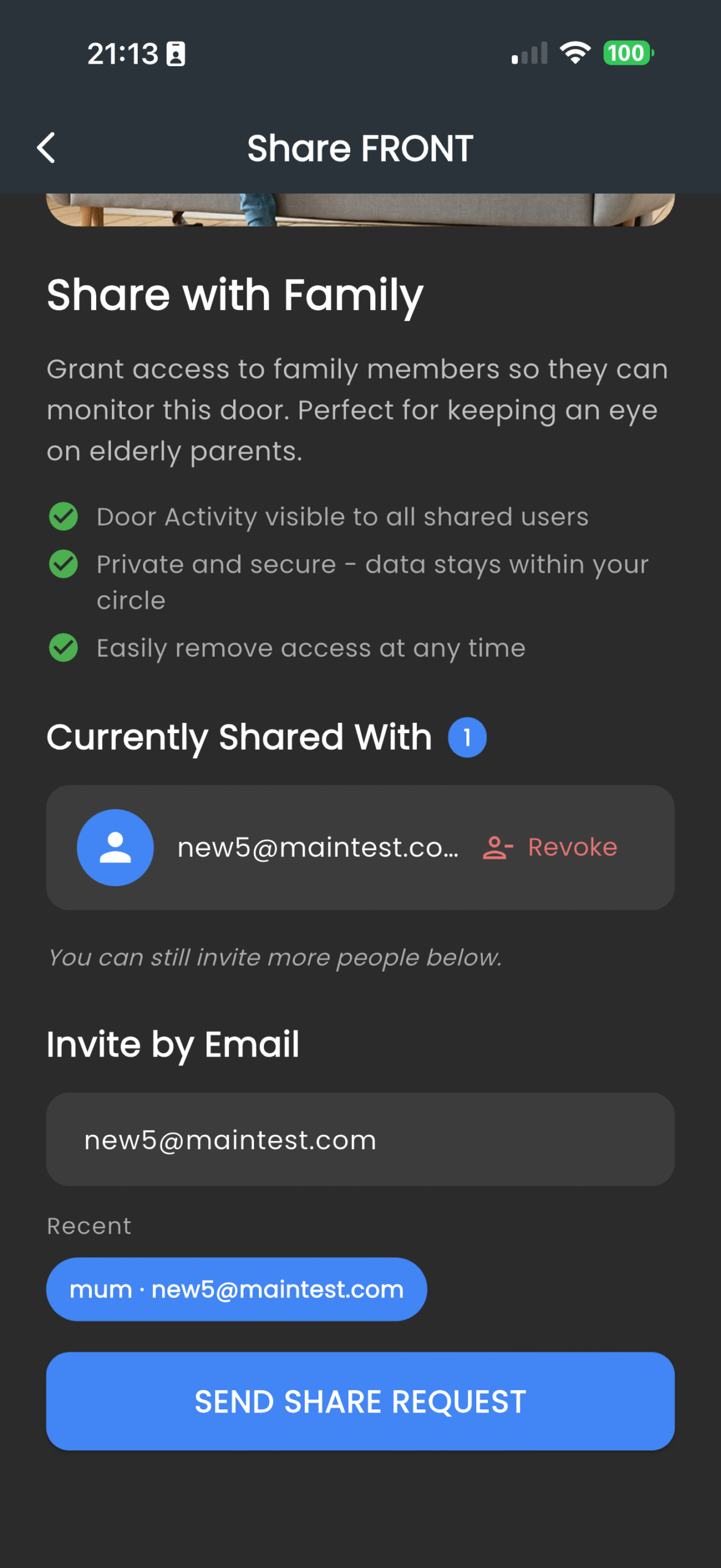 Locksure share door — Recent recipient chips with nickname and email