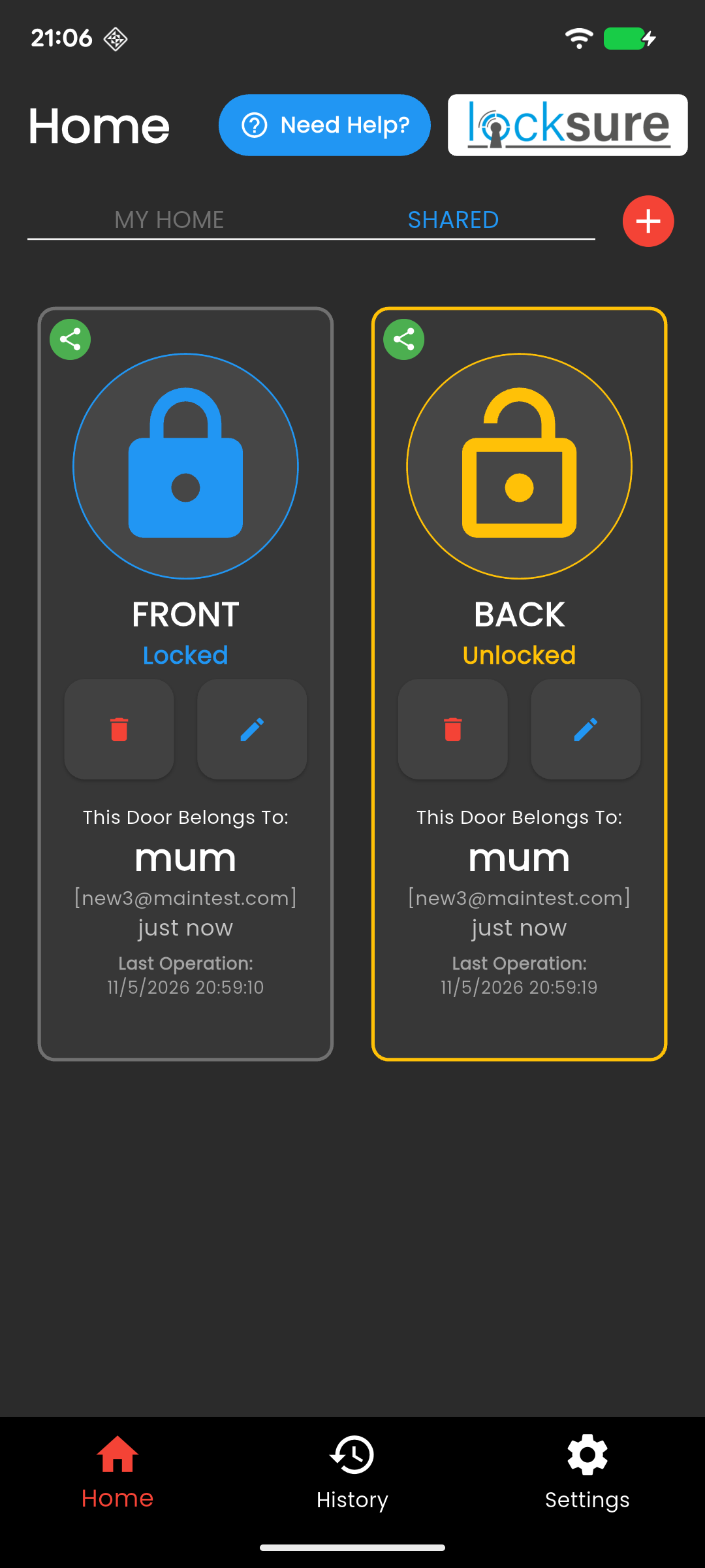Locksure app on Android — Shared tab showing two doors received from another household with owner nickname