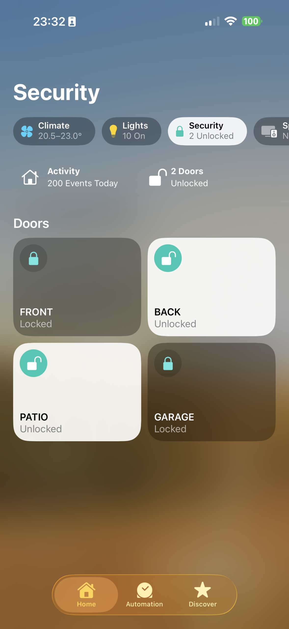 Apple Home Security tab showing four Locksure door tiles plus a door-open icon for the contact-sensor endpoint