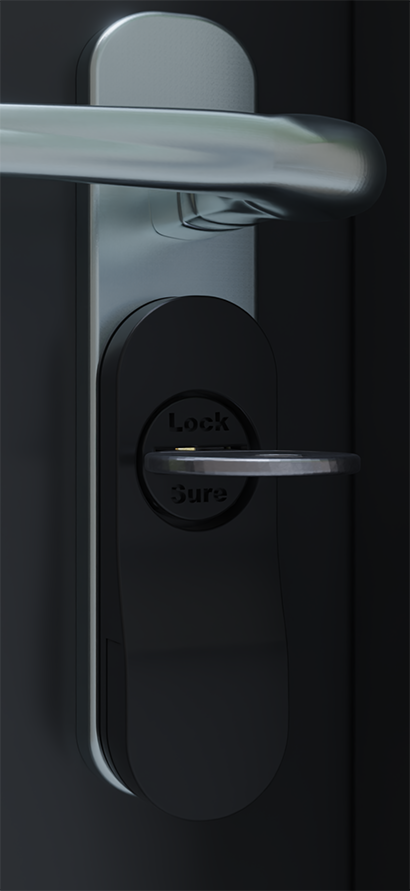 Locksure Key Turn Monitor product shot — two devices, one mounted on each side of a key-turn door