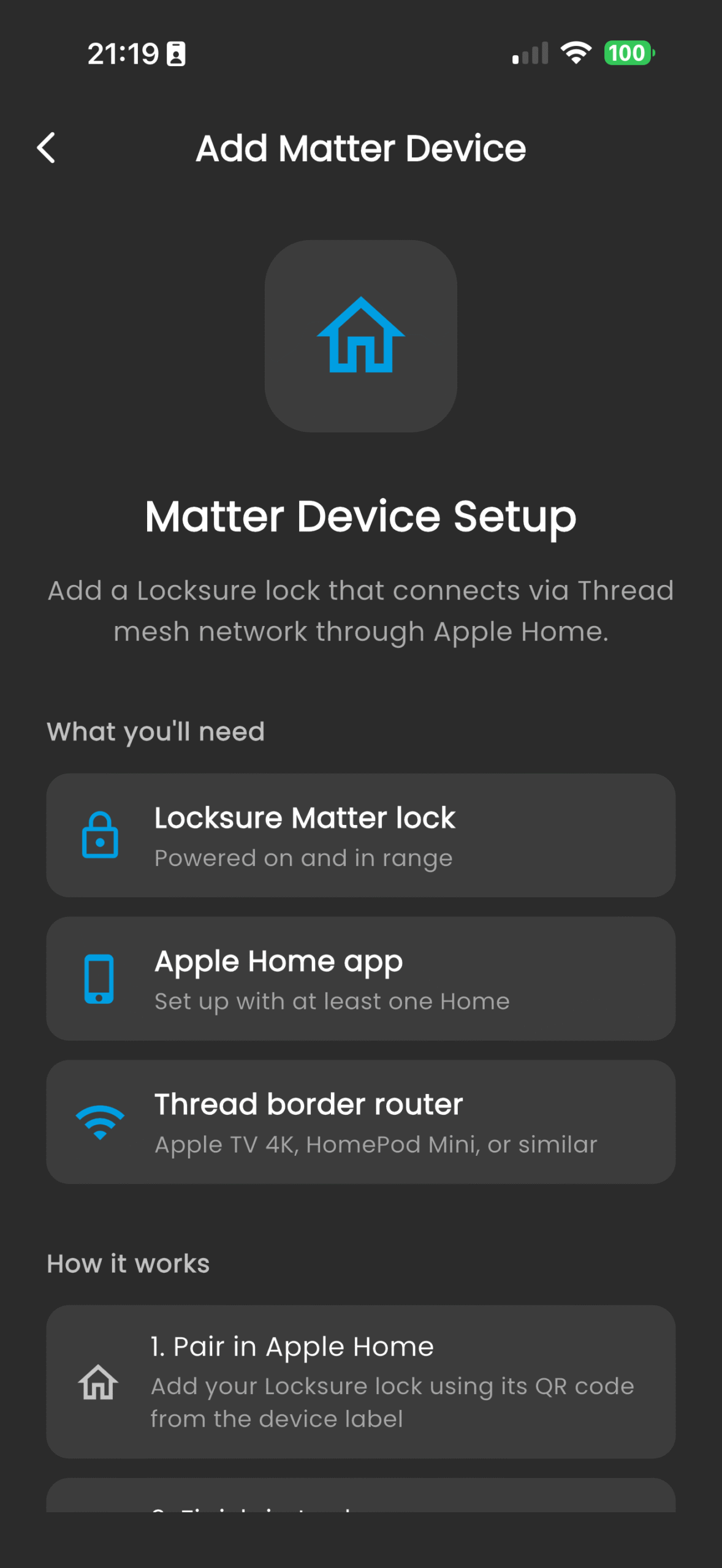 Matter Device Setup — what you need: Lock Sensor, Apple Home app, Thread border router