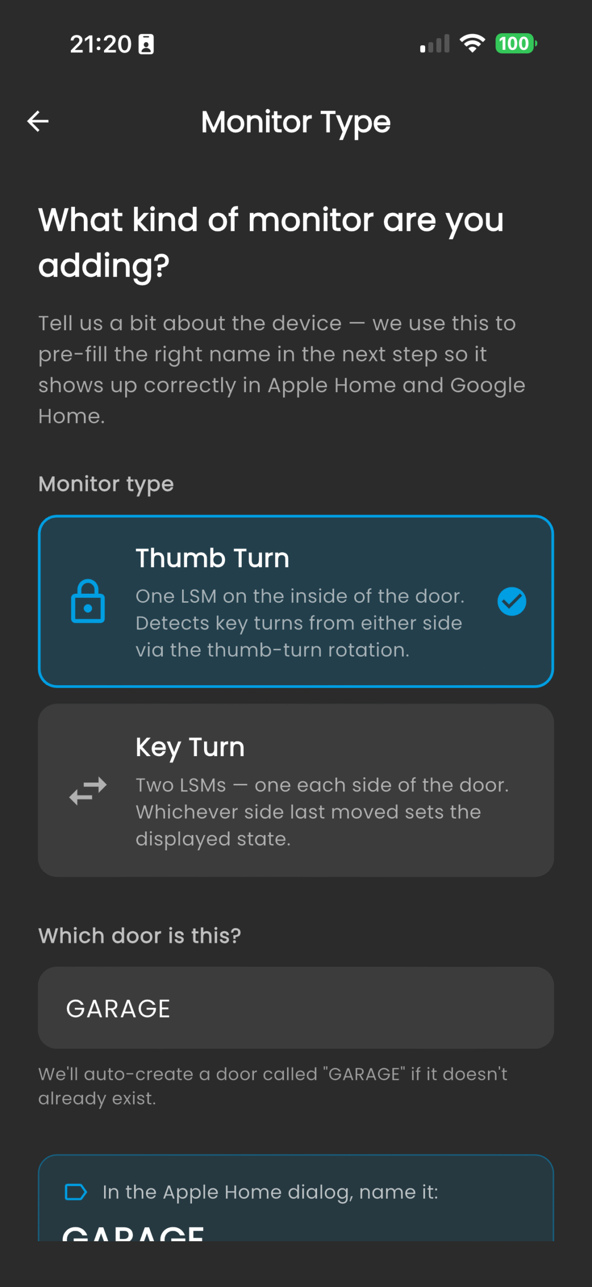 Locksure pairing — Monitor type selector, Thumb Turn or Key Turn