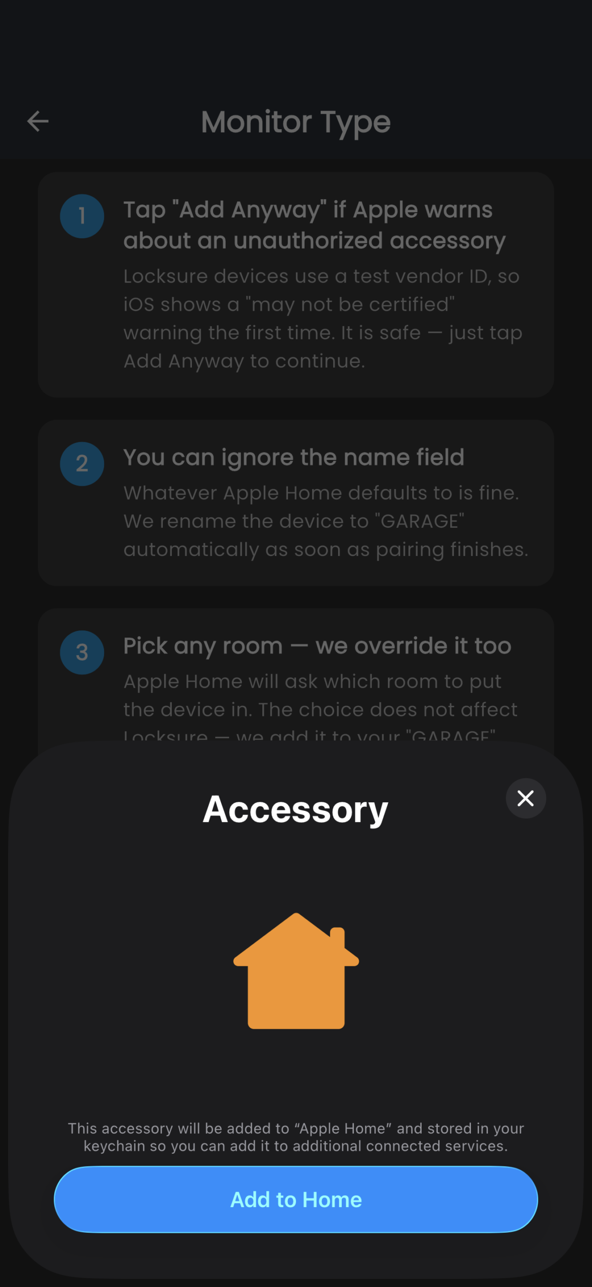 Apple Home Add to Home sheet during Matter pairing of Locksure Monitor