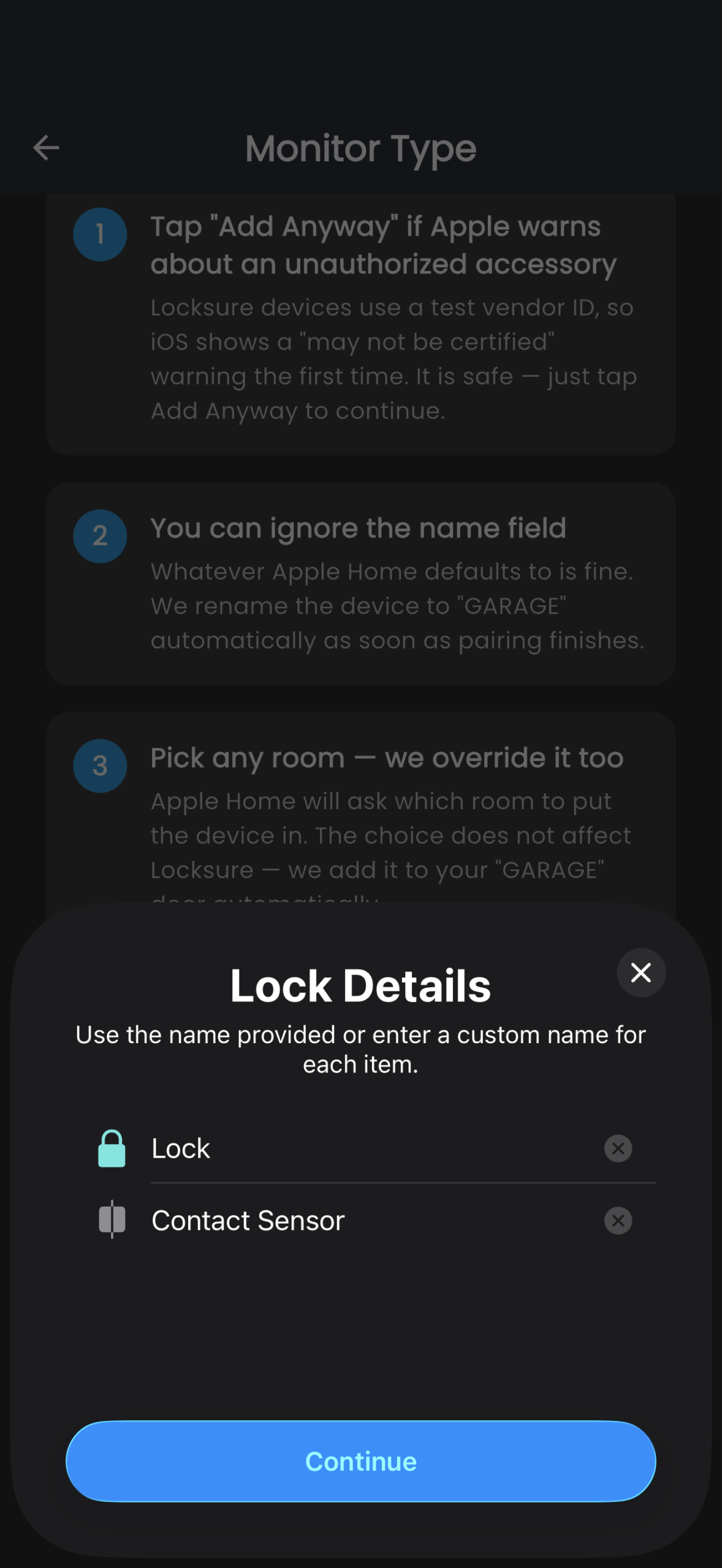 Apple Home Lock Name field — Locksure auto-renames the device after pairing
