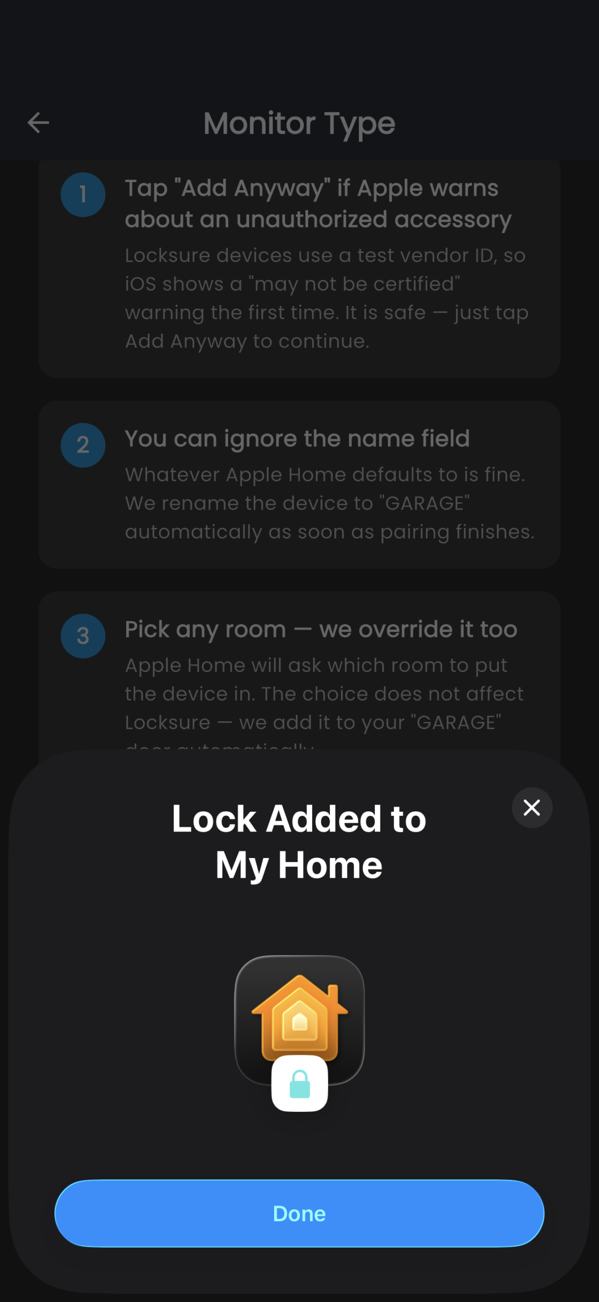 Apple Home Lock Details — Locksure exposes two Matter endpoints: Lock plus Contact Sensor