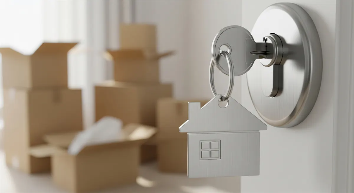 Keys in a door with moving boxes behind