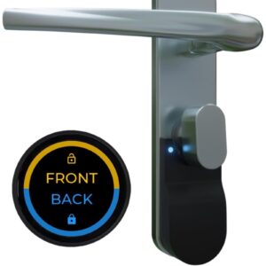 Locksure Thumb Turn Starter Pack: thumb turn door lock monitor fitted below a door handle, with the Locksure display hub