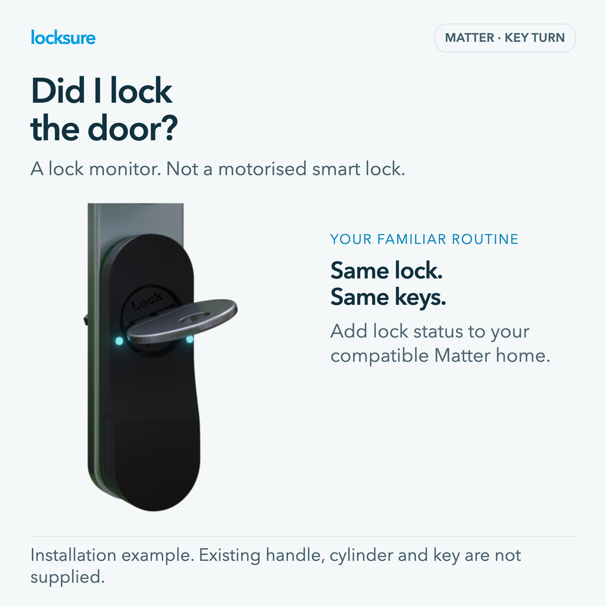 Locksure Matter Key Turn monitor installed on a compatible euro-cylinder lock, showing how to check lock status while keeping the existing lock.